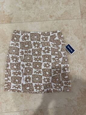 Tan and White Floral Check Mini Skirt